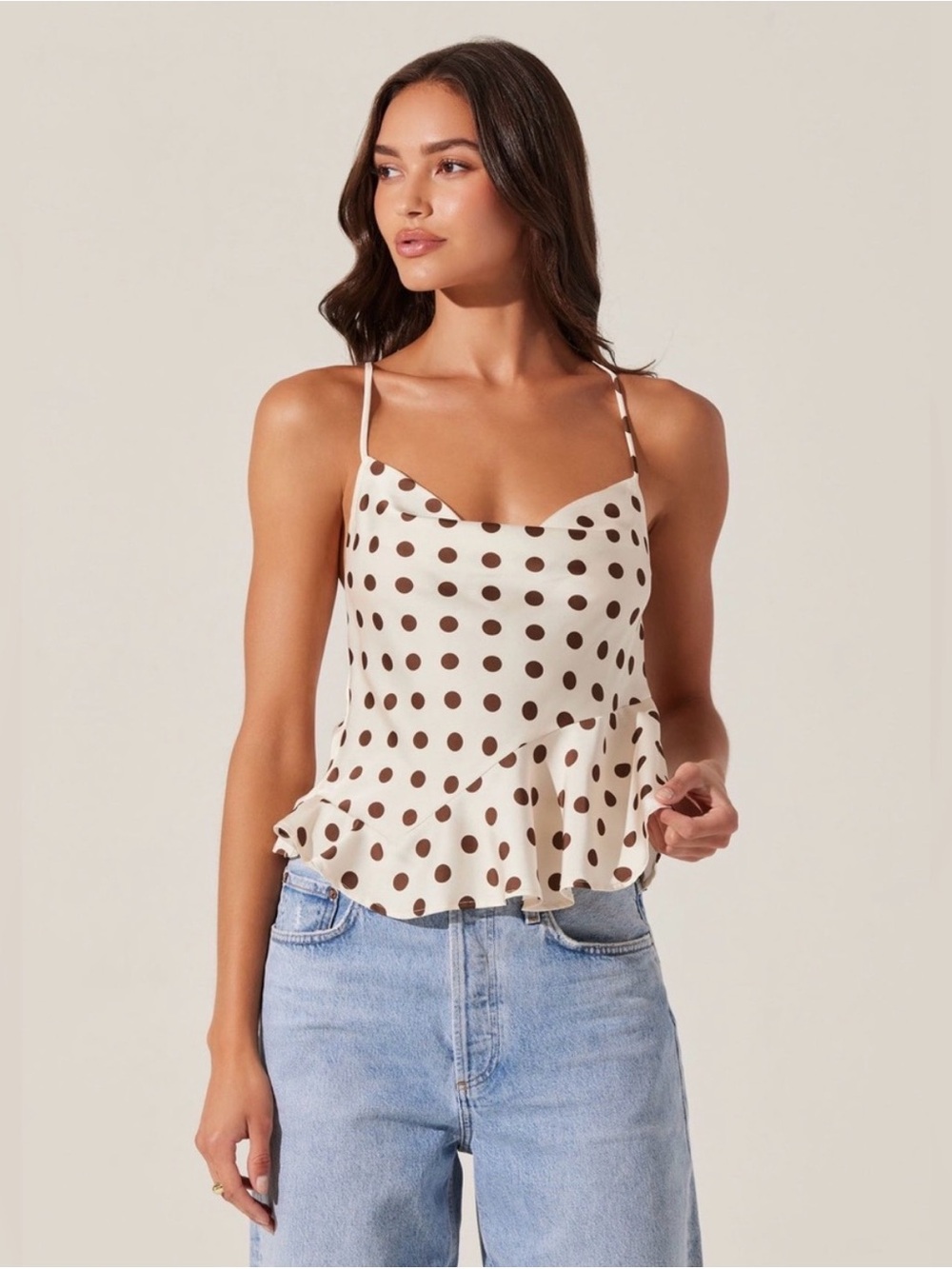 ASTR THE LABEL Everli Polka Dot Ruffle Hem Top - Cream/Brown